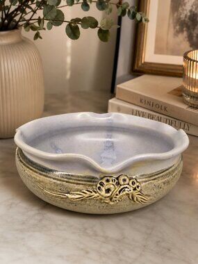 Vintage Studio Pottery Bowl Large Wavy Rim Ceramic Centerpiece Purple Glaze
